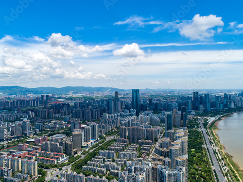 Aerial photography of urban landscape under blue sky and white clouds, Nanchang, Jiangxi