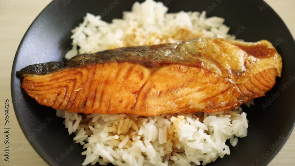 Grilled Salmon with Soy Sauce Rice Bowl - Japanese food style Grilled Salmon with Soy Sauce Rice Bowl - Japanese food style