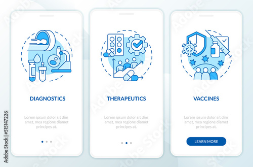 Pandemic preparedness clinical study blue onboarding mobile app screen. Walkthrough 3 step editable graphic instructions with linear concepts. UI, UX, GUI template. Myriad Pro-Bold, Regular fonts used