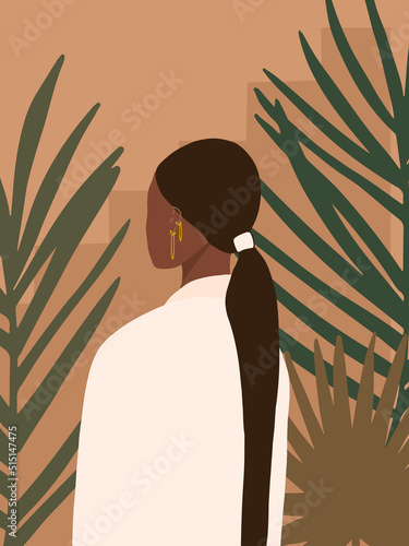 Fash Poster Collection with Face Woman Portrait, Exotic Tropical Leaves on pastel background vector. Afro American Woman illustration for poster, wall art, banner, placard, print, canvas in earth tone
