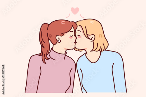 Happy women kissing show homosexual relationships. Gay couple enjoy relations. LGBT society concept. Vector illustration. 