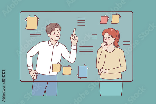 Businesspeople near board in office engaged in brainstorming think over project together. Man and woman consider business plan or project. Teamwork. Vector illustration. 