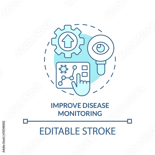 Improve disease monitoring turquoise concept icon. Pandemic prevention abstract idea thin line illustration. Isolated outline drawing. Editable stroke. Arial, Myriad Pro-Bold fonts used