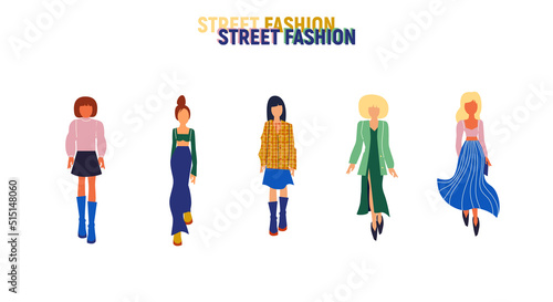 Collection of stylish young women dressed in trendy clothes. Vector fashion illustration.