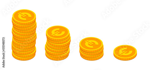 Vector Isometric euro gold coins stacks like decreasing graph. 3d Cash, banking, casino, Euro currency, business failure, economic downturn, financial crisis, falling money concept for web, apps