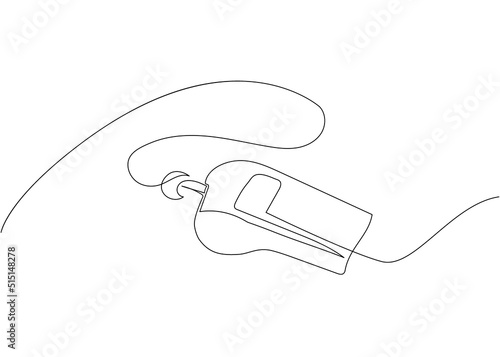 Sports whistle one line art. Continuous line drawing of sport, coach, referee, activity, equipment, goal, play, game, blowing.