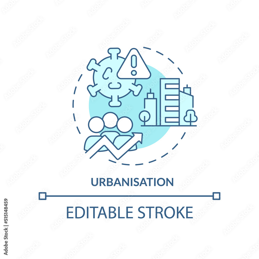 Urbanisation turquoise concept icon. Reason for increased risk of pandemic abstract idea thin line illustration. Isolated outline drawing. Editable stroke. Arial, Myriad Pro-Bold fonts used