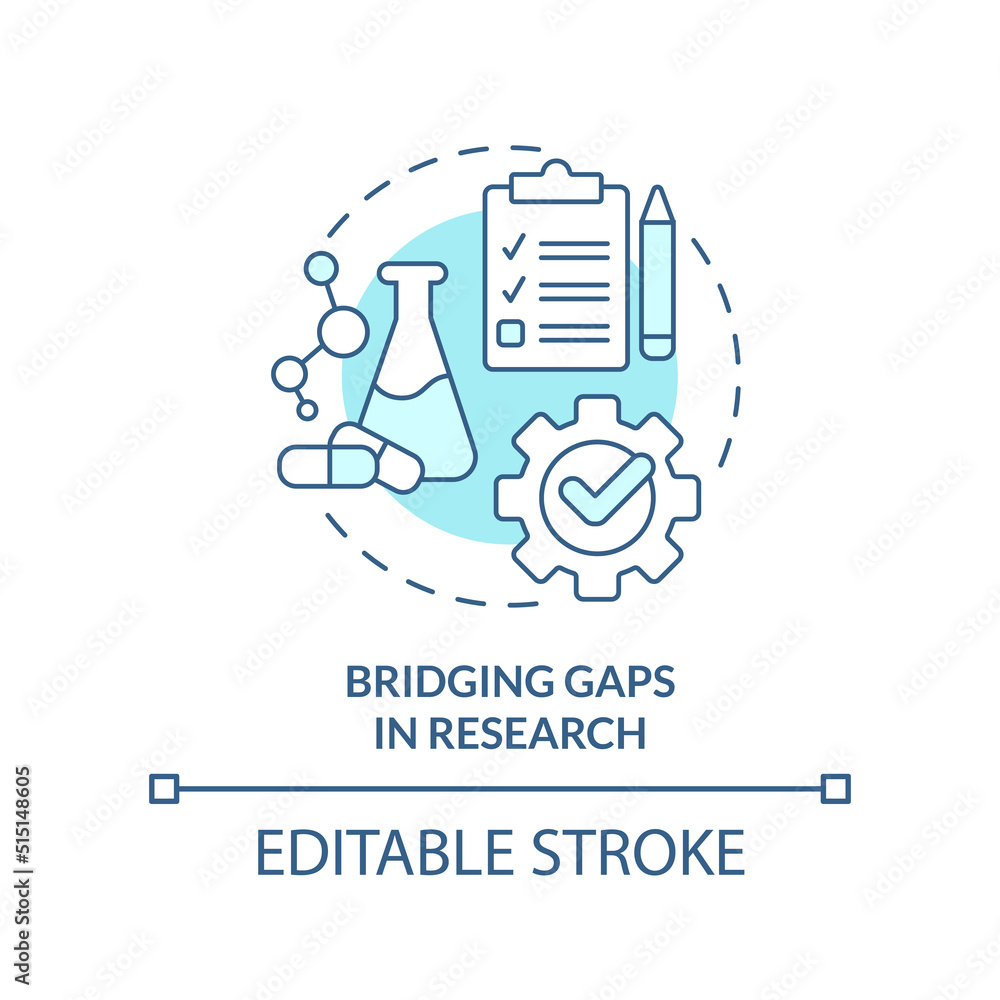 Bridging gaps in research turquoise concept icon. Goal for pandemic preparedness plan abstract idea thin line illustration. Isolated outline drawing. Editable stroke. Arial, Myriad Pro-Bold fonts used Bridging gaps in research turquoise concept icon. Goal for pandemic preparedness plan abstract idea thin line illustration. Isolated outline drawing. Editable stroke. Arial, Myriad Pro-Bold fonts used