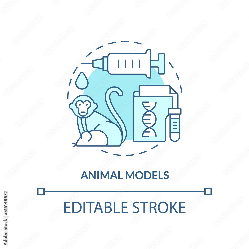Animal models turquoise concept icon. Pandemic preparedness preclinical research abstract idea thin line illustration. Isolated outline drawing. Editable stroke. Arial, Myriad Pro-Bold fonts used