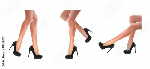 3d realistic vector icon. Woman legs in high heels in different positions. Hearless skin, hair removal procedures. Isolated on white.