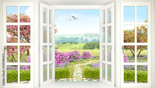 Wide French Window Blooming Garden View Wallpaper 3d rendering photo