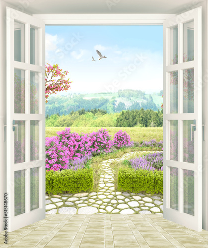 Open glass doors View of the blooming garden 3d rendering