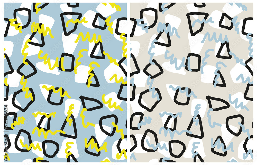 Abstract Hand Drawn Childish Style Vector Pattern. Freehand Waves and Lines on a Pale Light Blue and Warm Gray Backgrounds. Modern Geometric Seamless Pattern. Irregular Cool Modern Print. Abstract Hand Drawn Childish Style Vector Pattern. Freehand Waves and Lines on a Pale Light Blue and Warm Gray Backgrounds. Modern Geometric Seamless Pattern. Irregular Cool Modern Print.