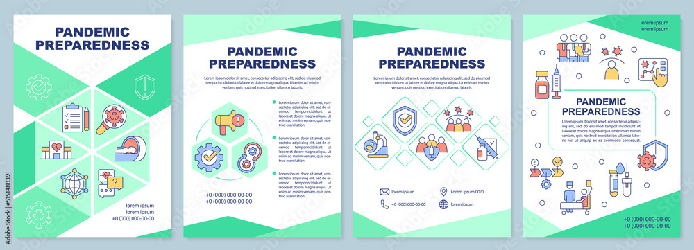 Pandemic preparedness green brochure template. Leaflet design with linear icons. Editable 4 vector layouts for presentation, annual reports. Arial-Black, Myriad Pro-Regular fonts used
