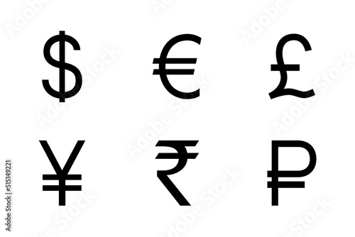 Main currency signs dollar euro pound yen rupee ruble. Vector photo