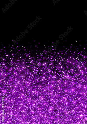 Purple sparkling scattering glitter on black background vertical flyer. Vector