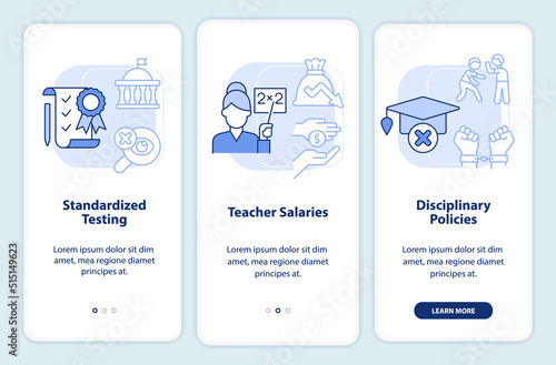 Major education issues light blue onboarding mobile app screen. Walkthrough 3 steps editable graphic instructions with linear concepts. UI, UX, GUI template. Myriad Pro-Bold, Regular fonts used