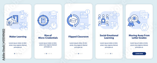 Trends in education light blue onboarding mobile app screen. Learning walkthrough 5 steps editable graphic instructions with linear concepts. UI, UX, GUI template. Myriad Pro-Bold, Regular fonts used