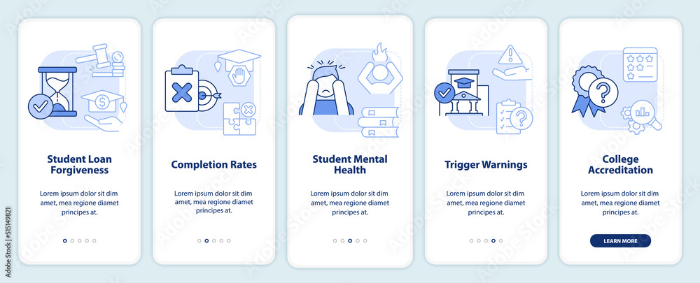 Issues in higher education light blue onboarding mobile app screen. Walkthrough 5 steps editable graphic instructions with linear concepts. UI, UX, GUI template. Myriad Pro-Bold, Regular fonts used