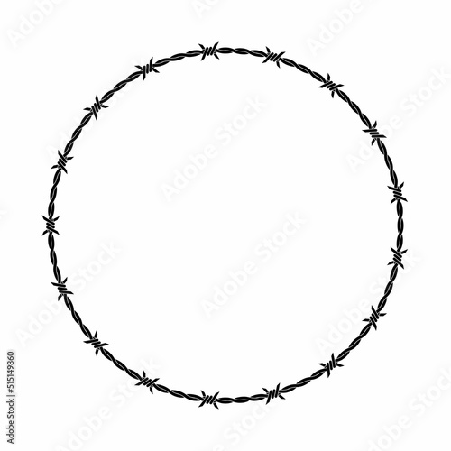 Vector illustration of barbed wire circle isolated on white background. Circle shape frame from twisted barbwire. Security fence sign. 
