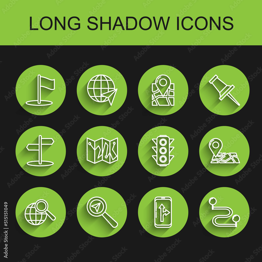 Set line Magnifying glass with globe, Search location, Flag, Infographic of city map navigation, Route, Folded marker, and Traffic light icon. Vector Set line Magnifying glass with globe, Search location, Flag, Infographic of city map navigation, Route, Folded marker, and Traffic light icon. Vector
