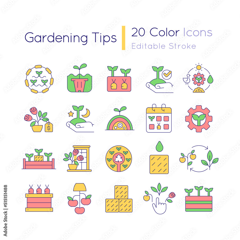 Gardening tips RGB color icons set. Growing plants. Farming and agriculture. Isolated vector illustrations. Simple filled line drawings collection. Editable stroke. Quicksand-Light font used
