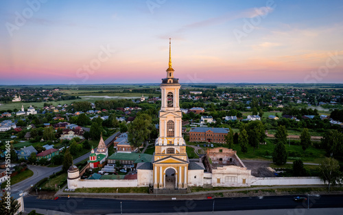 Aerial views of Russian Golden Ring town Suzdal on a sunrise  aerial drone photo . Suzdal  Russia