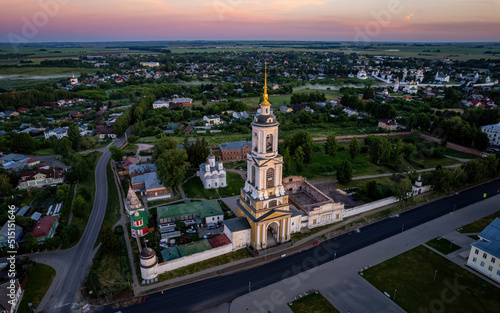 Aerial views of Russian Golden Ring town Suzdal on a sunrise  aerial drone photo . Suzdal  Russia