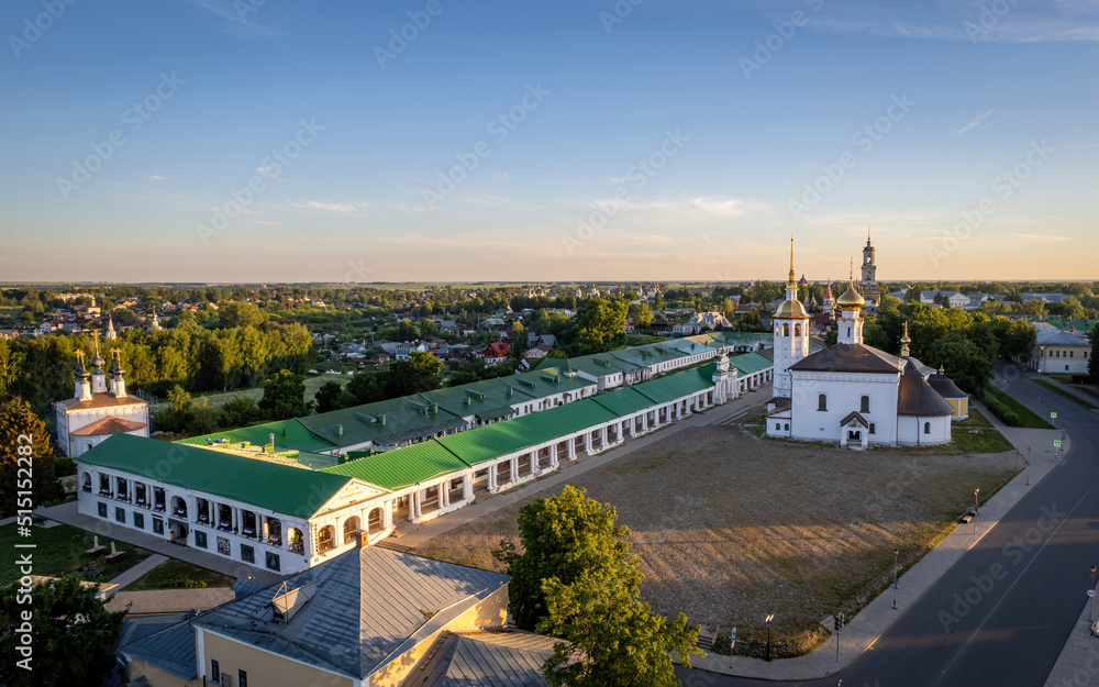 Aerial views of Russian Golden Ring town Suzdal on a sunrise (aerial drone photo). Suzdal, Russia
