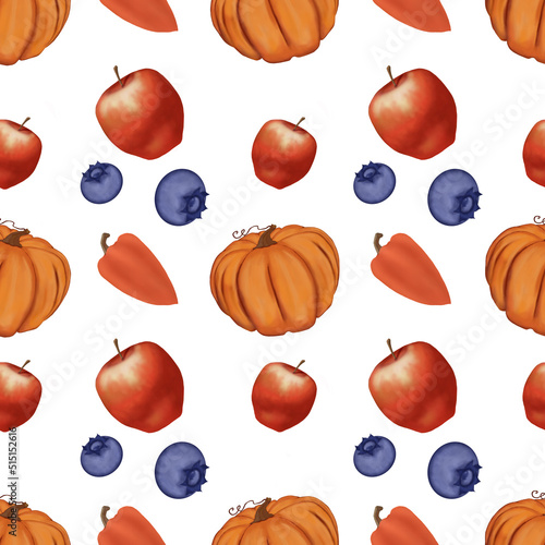Seamless pattern Harvest pumpkin and pepper, beries and aples. Isolated on white background. photo
