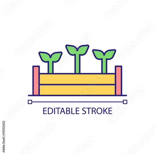 Bed with seedlings RGB color icon. Gardening plot. Growing flowers and vegetables. Horticultural practice. Isolated vector illustration. Simple filled line drawing. Editable stroke. Arial font used