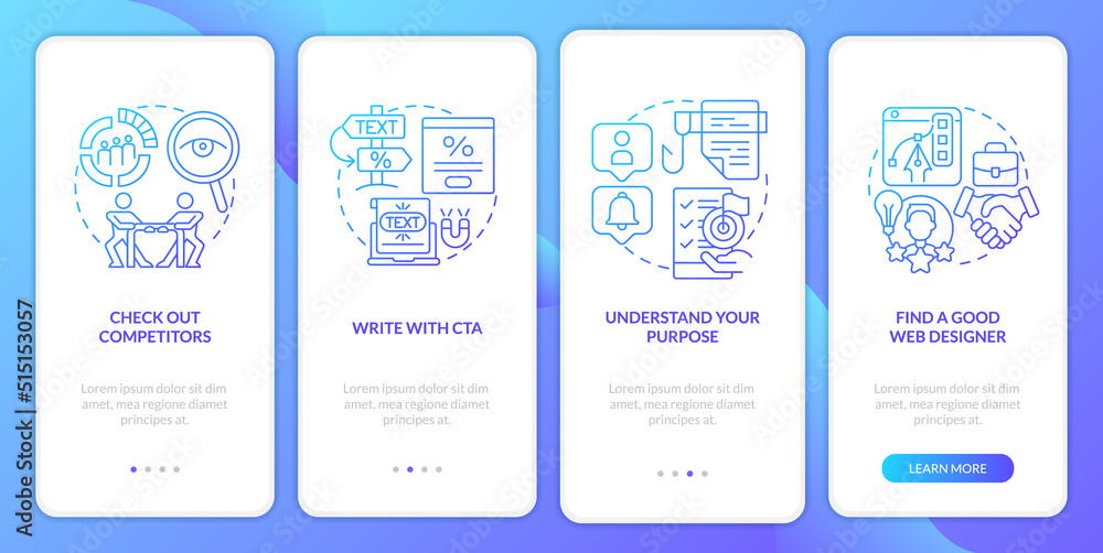 Best tips for designing website blue gradient onboarding mobile app screen. Walkthrough 4 steps graphic instructions with linear concepts. UI, UX, GUI template. Myriad Pro-Bold, Regular fonts used