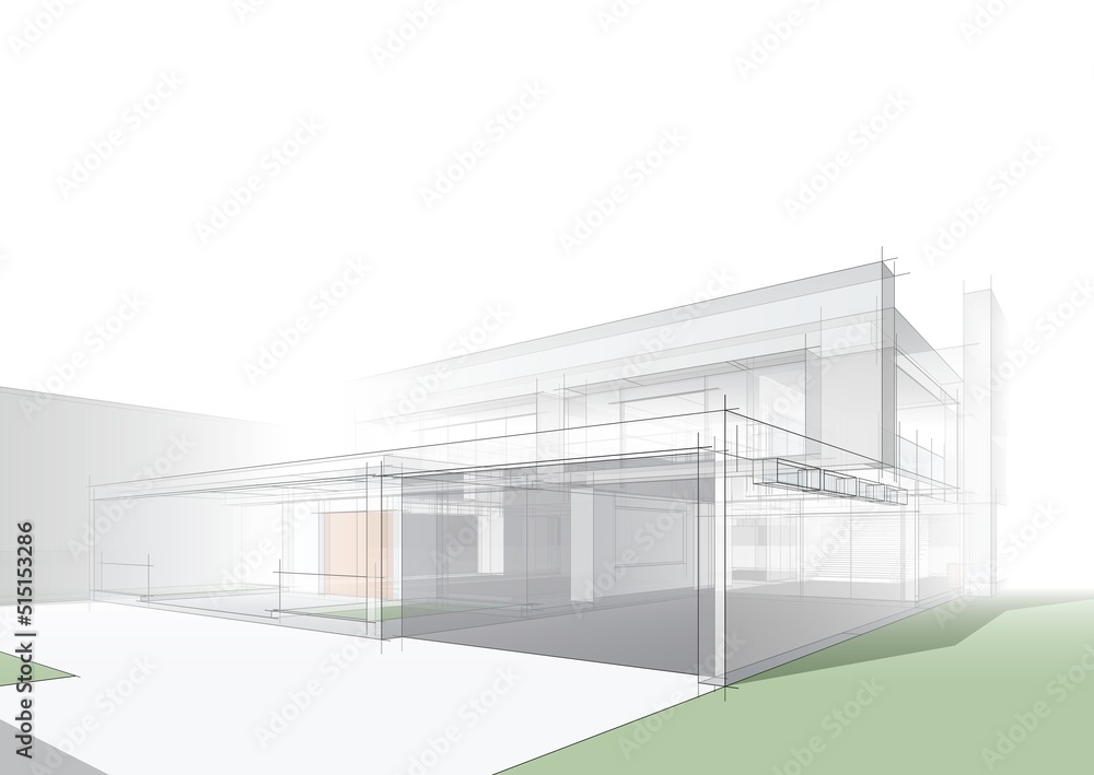 Architectural sketch of building 3d illustration