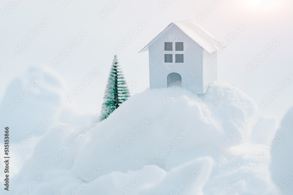 Decorative white house with a spruce tree in the snow in the sunlight outdoors, free space