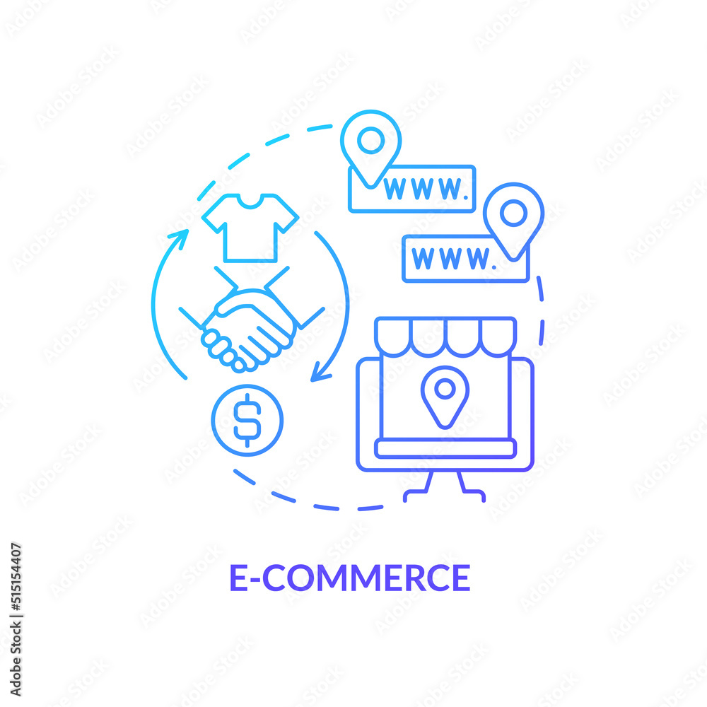 E commerce blue gradient concept icon. Website layout abstract idea thin line illustration. Selling products online. Ecommerce business. Isolated outline drawing. Myriad Pro-Bold font used