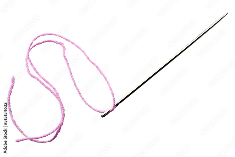 Sewing tool : Sewing needle with pink thread isolated on white background. Sewing needle is a long slender tool with pointed tip at one end and a hole or eye at the other for inserting thread.