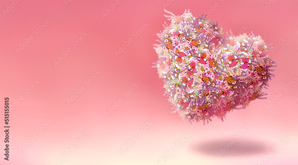 Fototapeta premium heart shape of flowers. Concept idea of love, romantic and valentine day. Conceptual 3d illustration. surreal art.