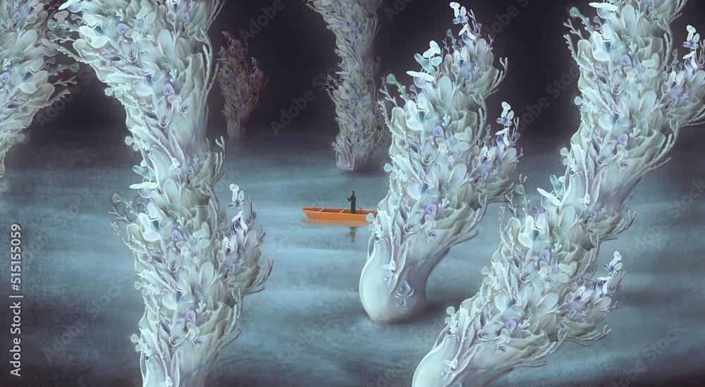 Mystery landscape art. Surreal artwork. Lonely man on a boat in fantasy of nature. 3d illustration. painting. horror night. darkness