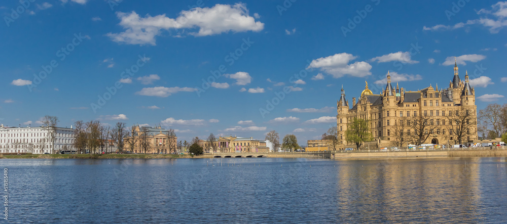 Panorama of the castle and Burgsee lake in Schwerin, Germany