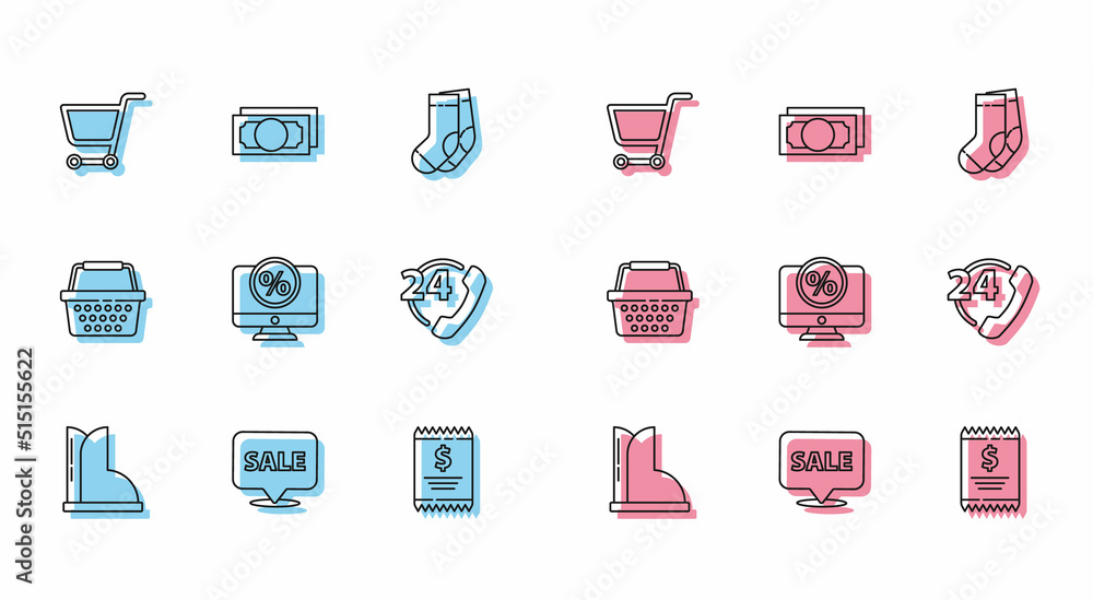 Set line Waterproof rubber boot, Shopping cart, Paper check and financial check, Percent discount monitor, Telephone 24 hours support, basket and Stacks paper money cash icon. Vector Set line Waterproof rubber boot, Shopping cart, Paper check and financial check, Percent discount monitor, Telephone 24 hours support, basket and Stacks paper money cash icon. Vector