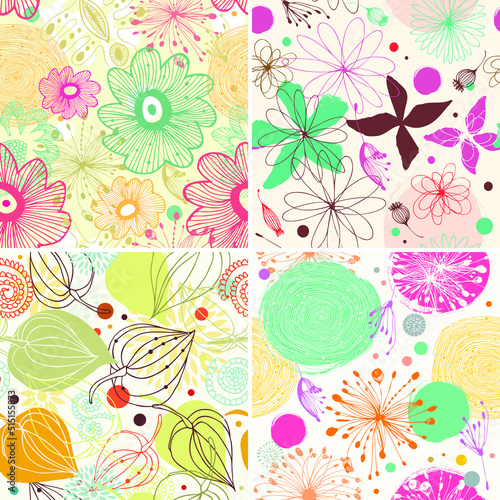 Beautiful fantasy seamless patterns. Decorative vector set of backgrounds with flowesr and leaves. Abstract graphic textures