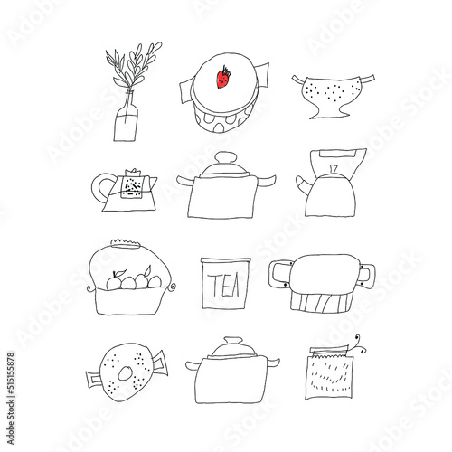 Vector set with dishes and kitchen utensils, kitchenware, cooking utensils