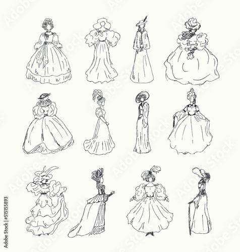 Big collection of women sketches in retro historical clothes. Ladies in old vintage ball dresses. Set of hand drawn modern women silhouettes
