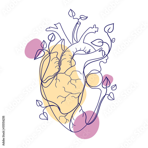 Abstract Human Anatomical Heart Line art modern drawing,vector graphic.Heart with branches and leaves growing from it.Minimal art design isolated on white background.Hand drawn human organ