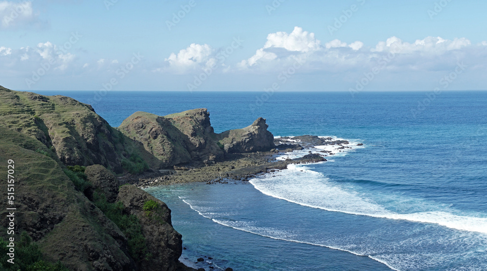 Panoramic photo of the ocean in Mandalika, Lombok, Indonesia, taken from Merese Hill. 