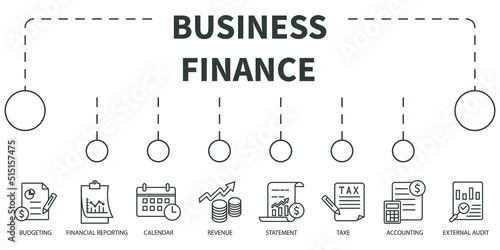 Business finance Vector Illustration concept. Banner with icons and keywords . Business finance symbol vector elements for infographic web
