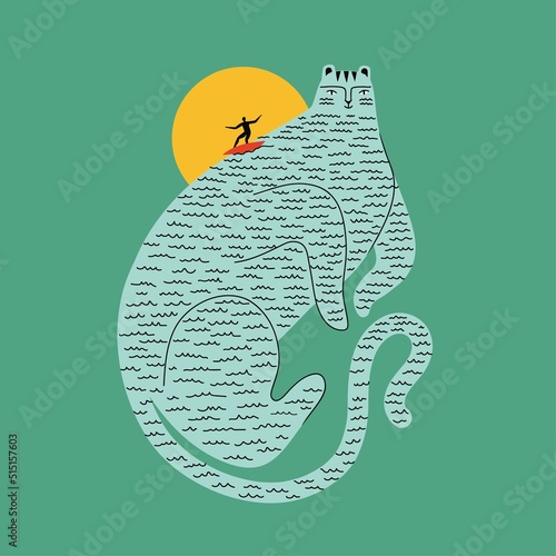 Vector illustration with blue tiger as ocean with waves and surf boarder silhouette riding on surfboard with sun on background. Trendy funny apparel print design, home decoration poster template © julymilks