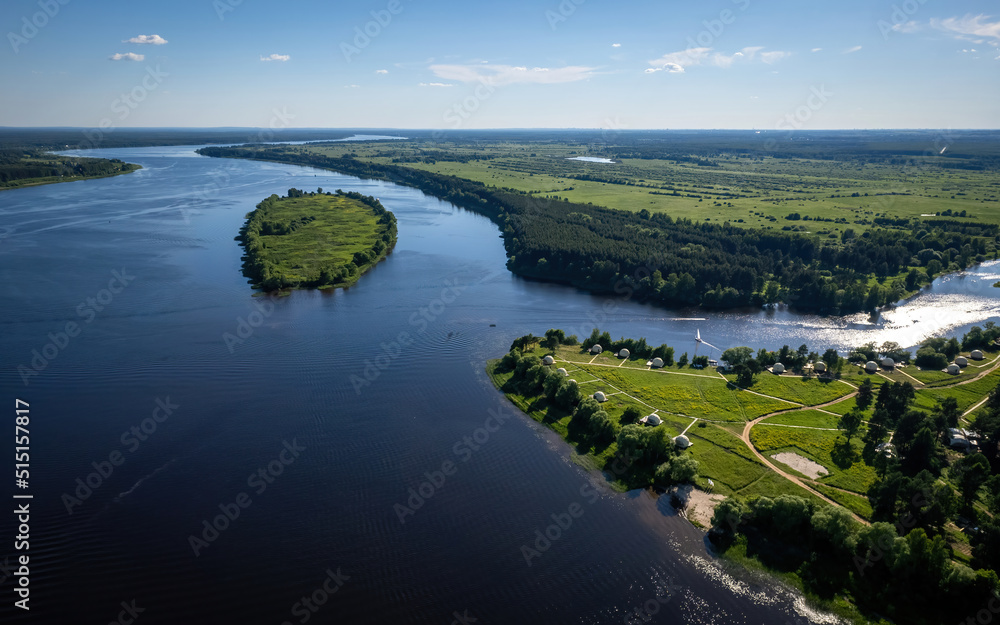 Views of Volga River (aerial drone photo). Near Yaroslavl, Russia
