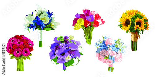 Fototapeta Naklejka Na Ścianę i Meble -  Set of different beautiful bouquets with garden and wildflowers vector flat illustration. Collection of tulips, sunflowers, asters, lilies isolated on white. Floral decoration or gift