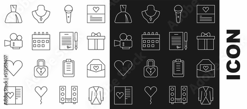Set line Suit, Envelope with Valentine heart, Gift box, Microphone, Calendar, Cinema camera, Woman dress and Marriage contract icon. Vector